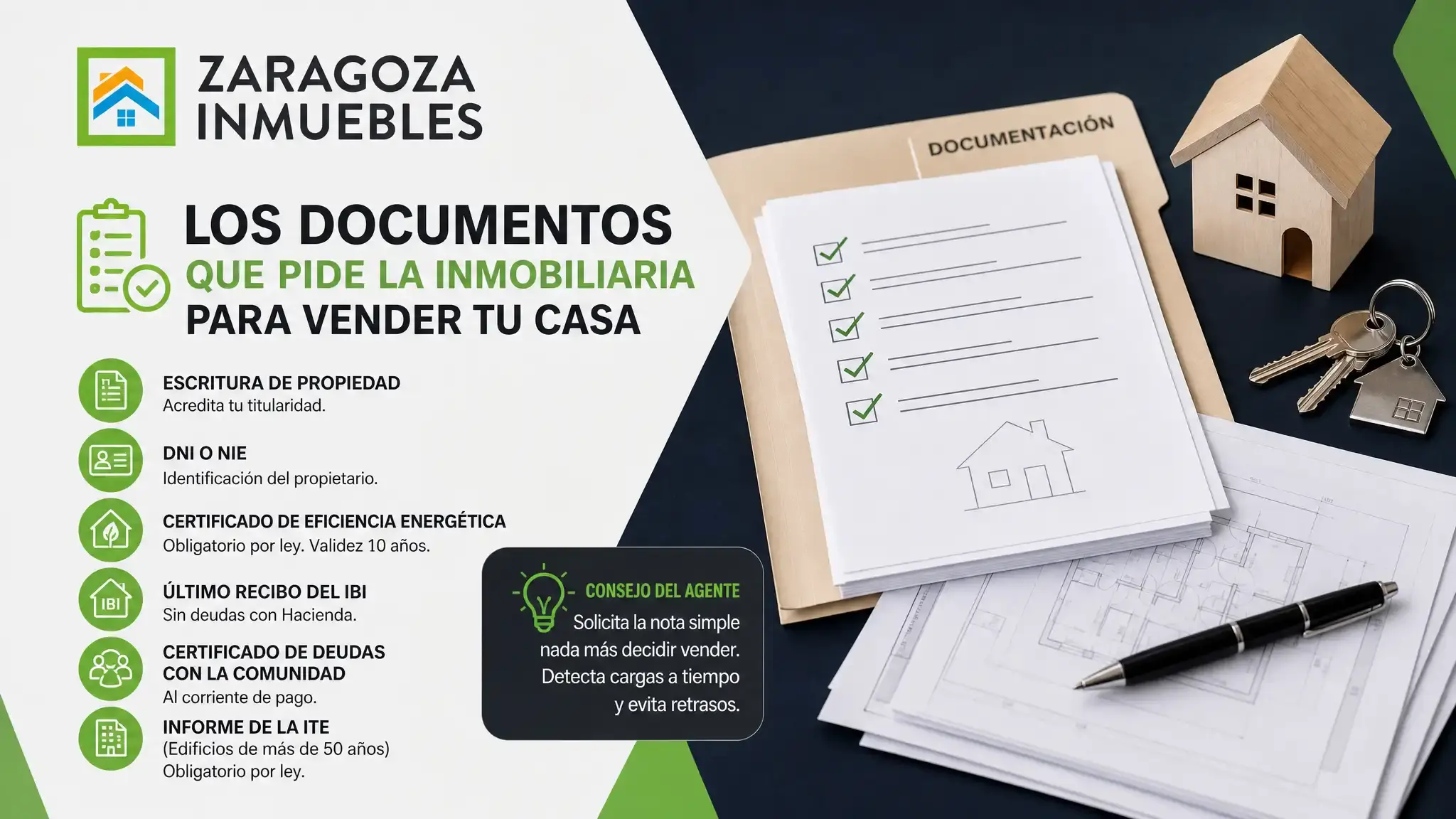 Escritura, DNI, certificado energético, IBI y certificado de comunidad: documentos obligatorios para gestionar la venta de tu casa en Zaragoza.