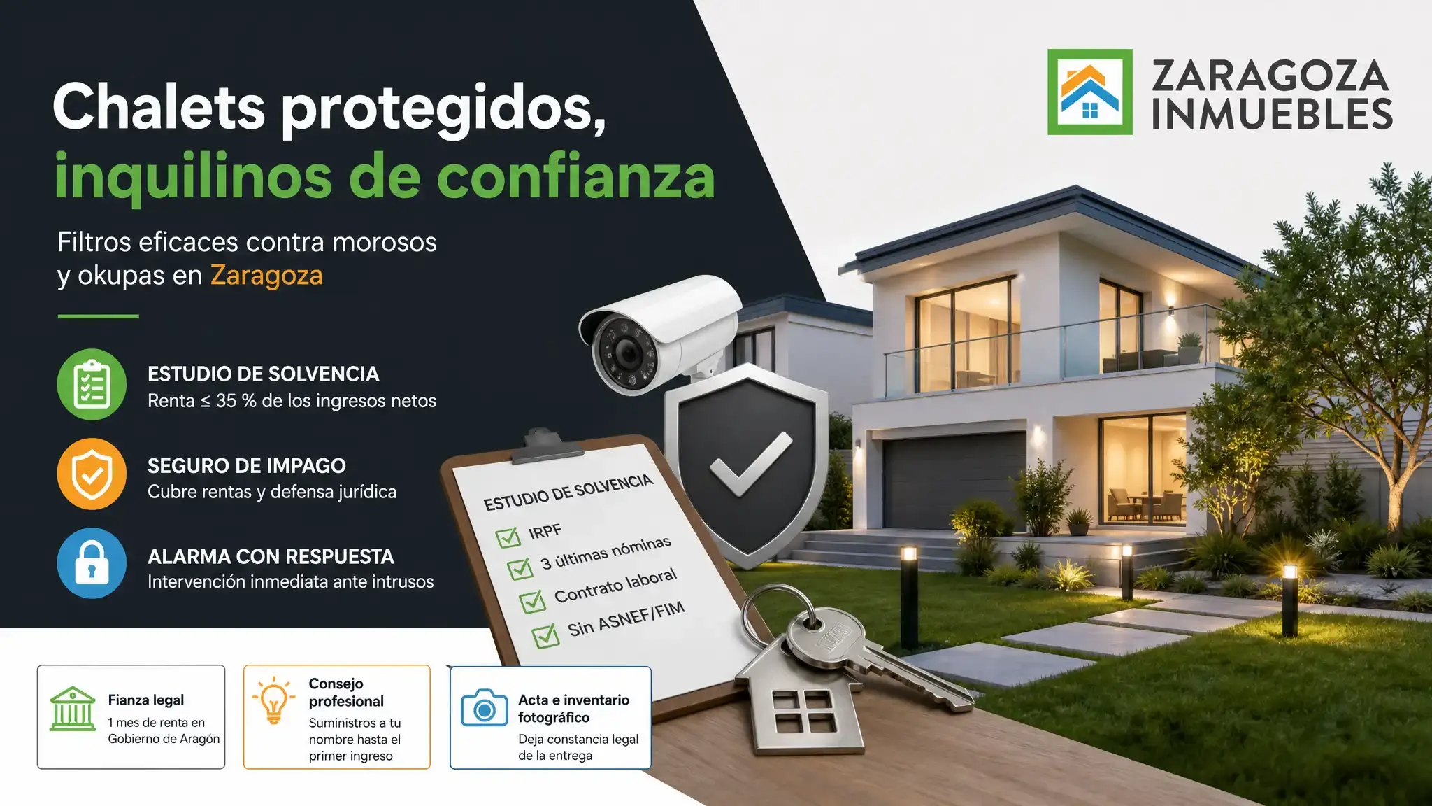 La prevención de impagos y okupación en chalets en Zaragoza requiere estudio de solvencia al 35 % de ingresos, seguro de impago y alarmas con verificación.