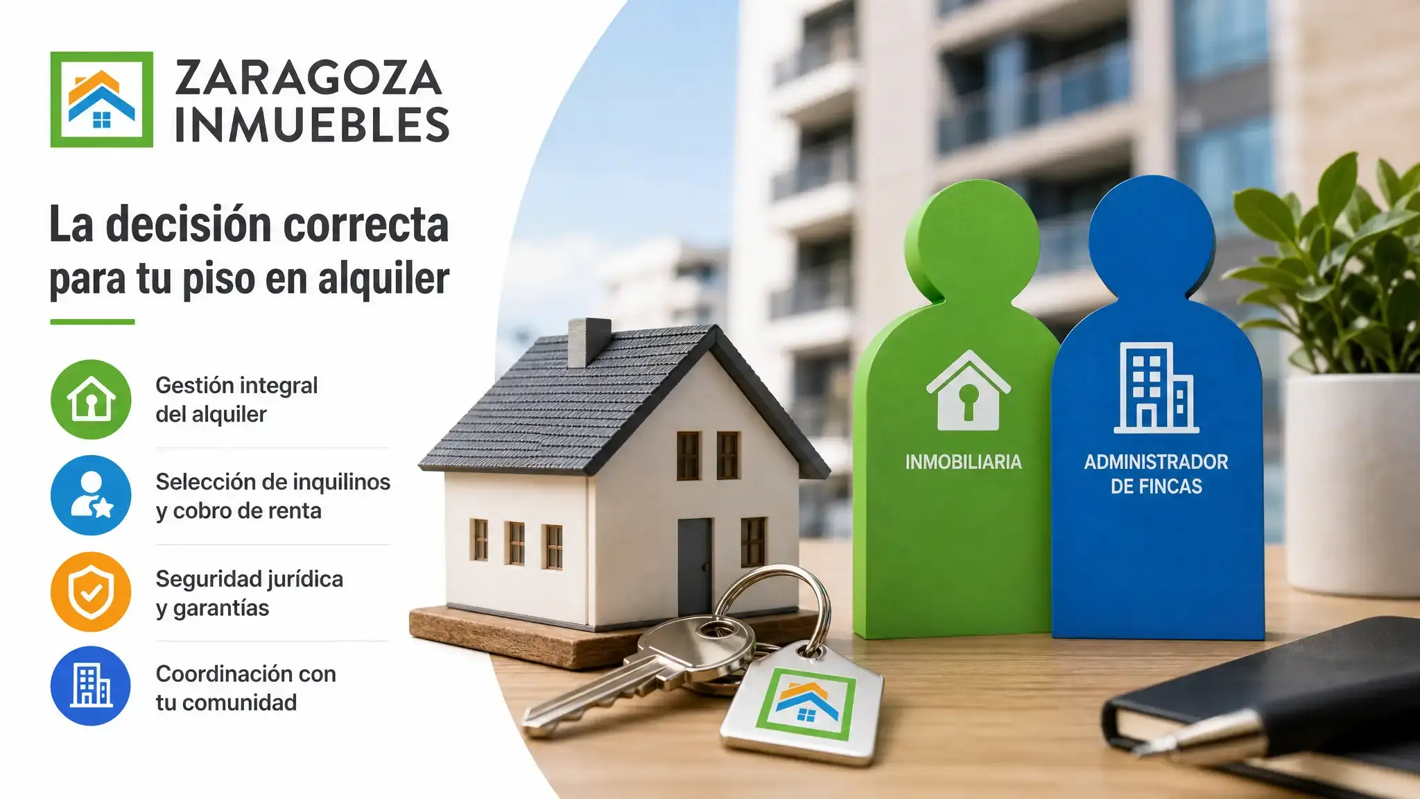 Una inmobiliaria gestiona el alquiler de tu piso: inquilinos, contrato, renta e incidencias. Un administrador cuida el edificio. Son servicios distintos y complementarios.