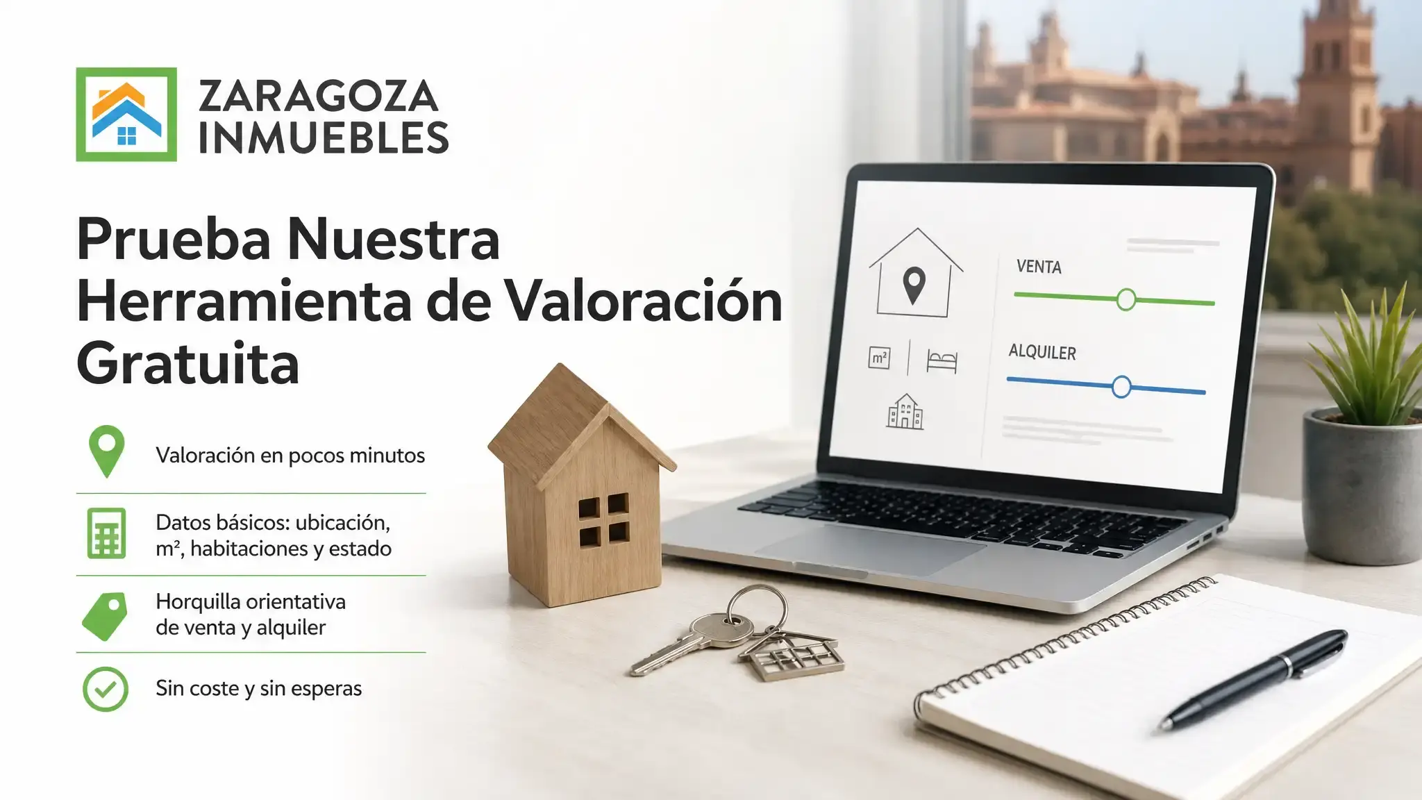 La herramienta gratuita de Zaragoza Inmuebles estima el valor de venta y alquiler de tu piso en minutos, con datos reales del mercado local de Zaragoza.