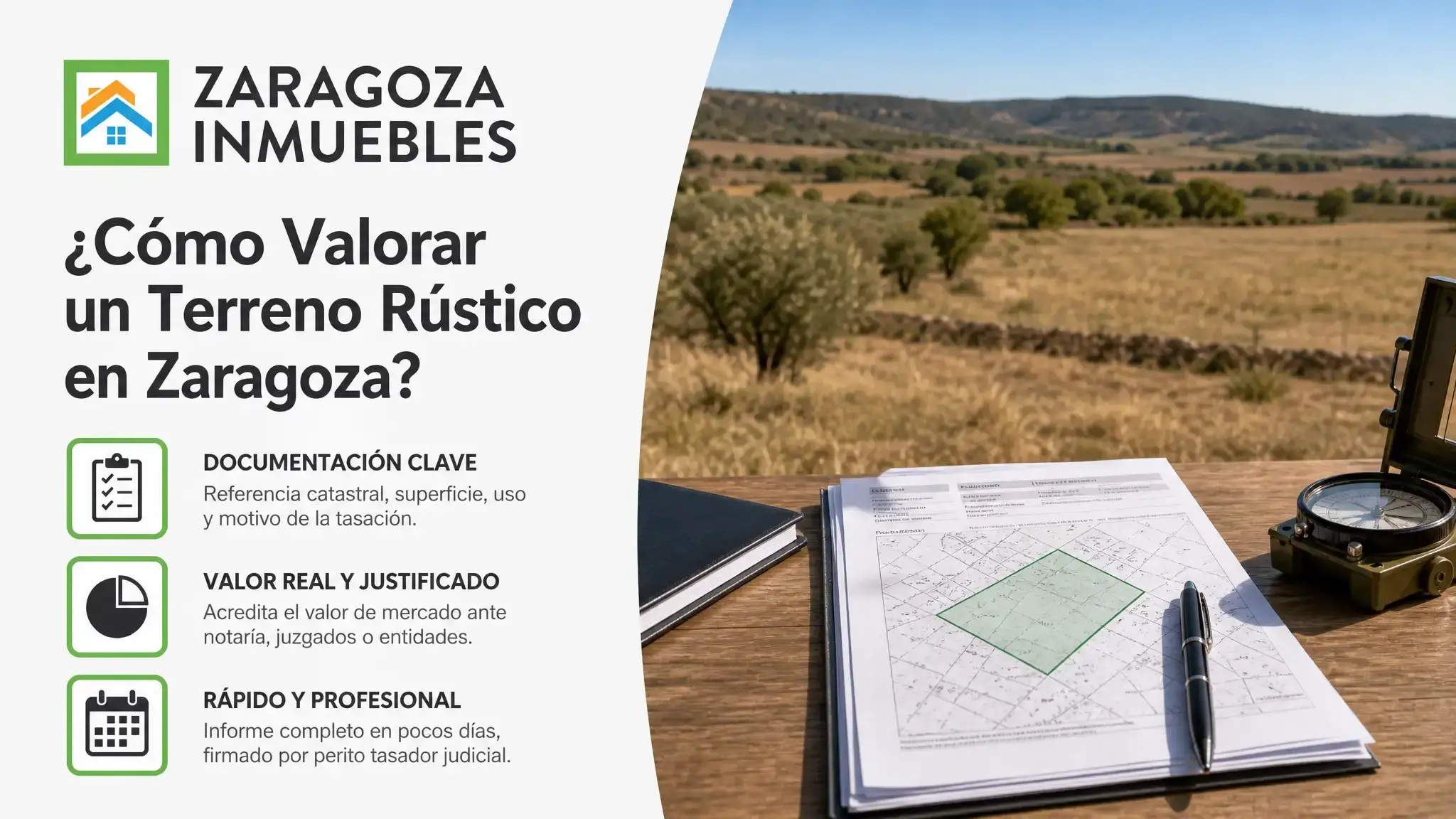 Solicita la valoración de tu terreno rústico en Zaragoza aportando la referencia catastral y el motivo de la tasación. Sin coste previo ni compromiso inicial.