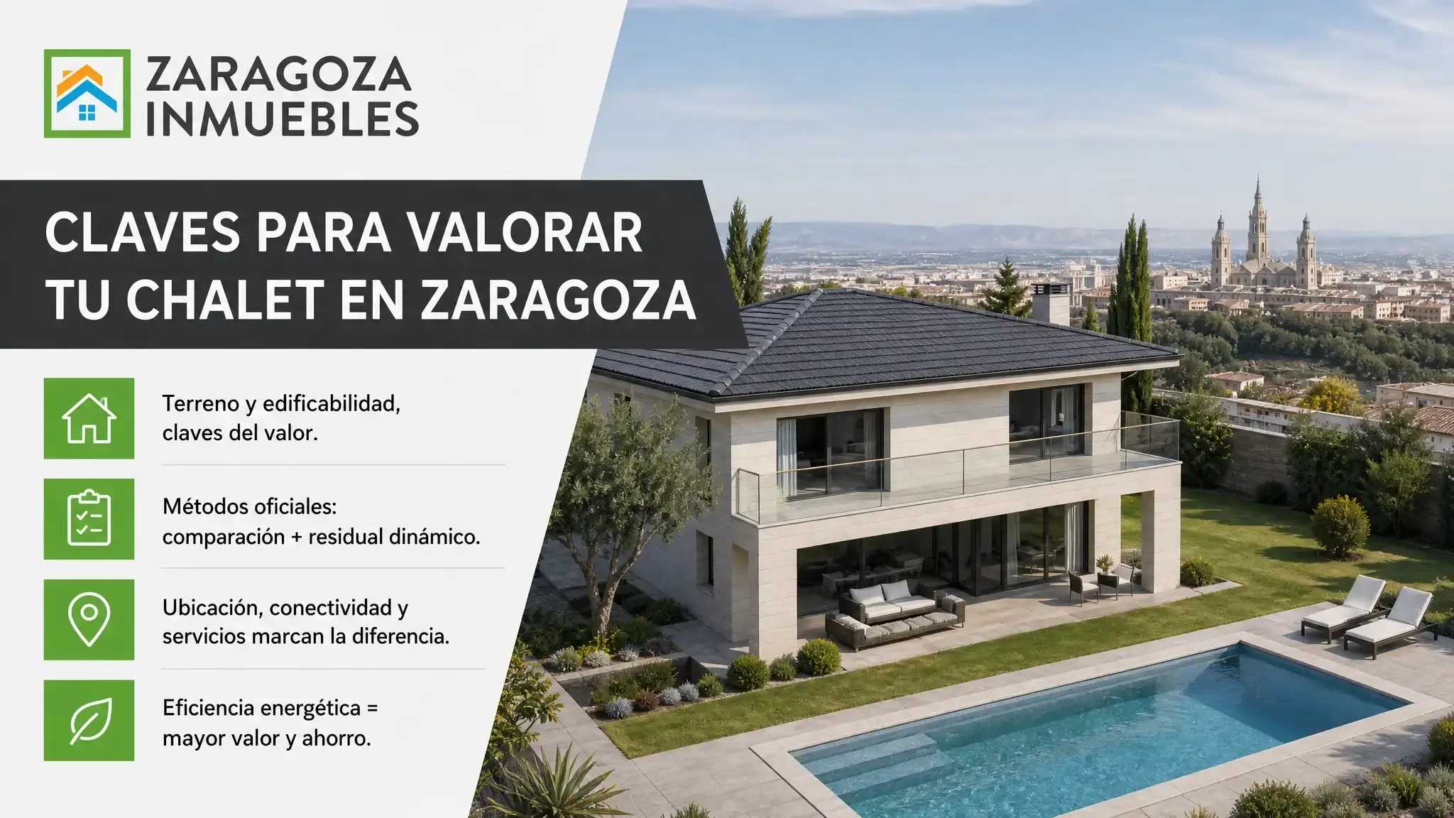 La valoración de un chalet independiente en las afueras de Zaragoza evalúa el valor del suelo, la edificabilidad, la superficie útil y las instalaciones.